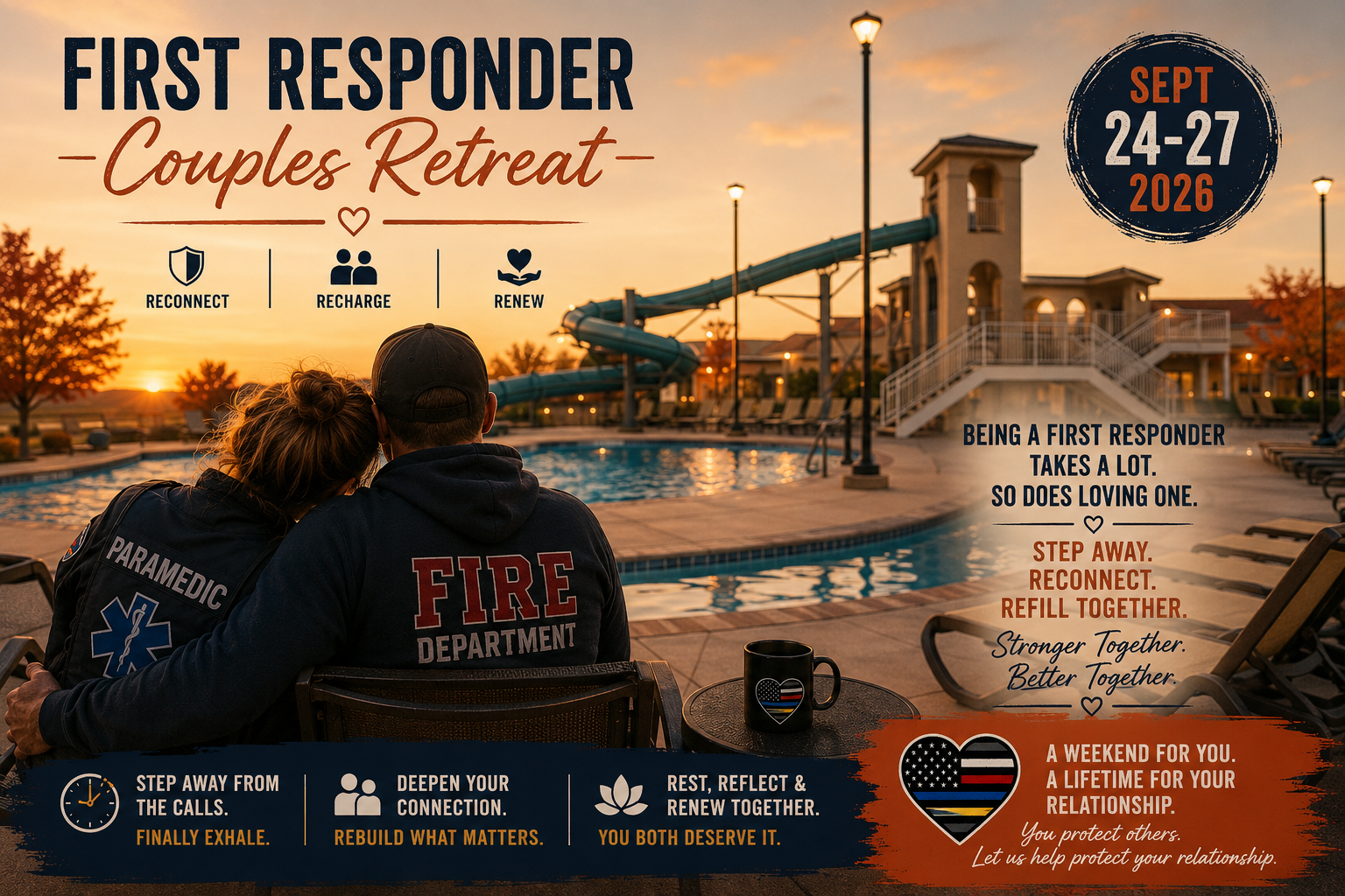 First Responder Couples Retreat — Because you give so much to everyone else, this weekend is for you and your partner. Stronger together. Better together.