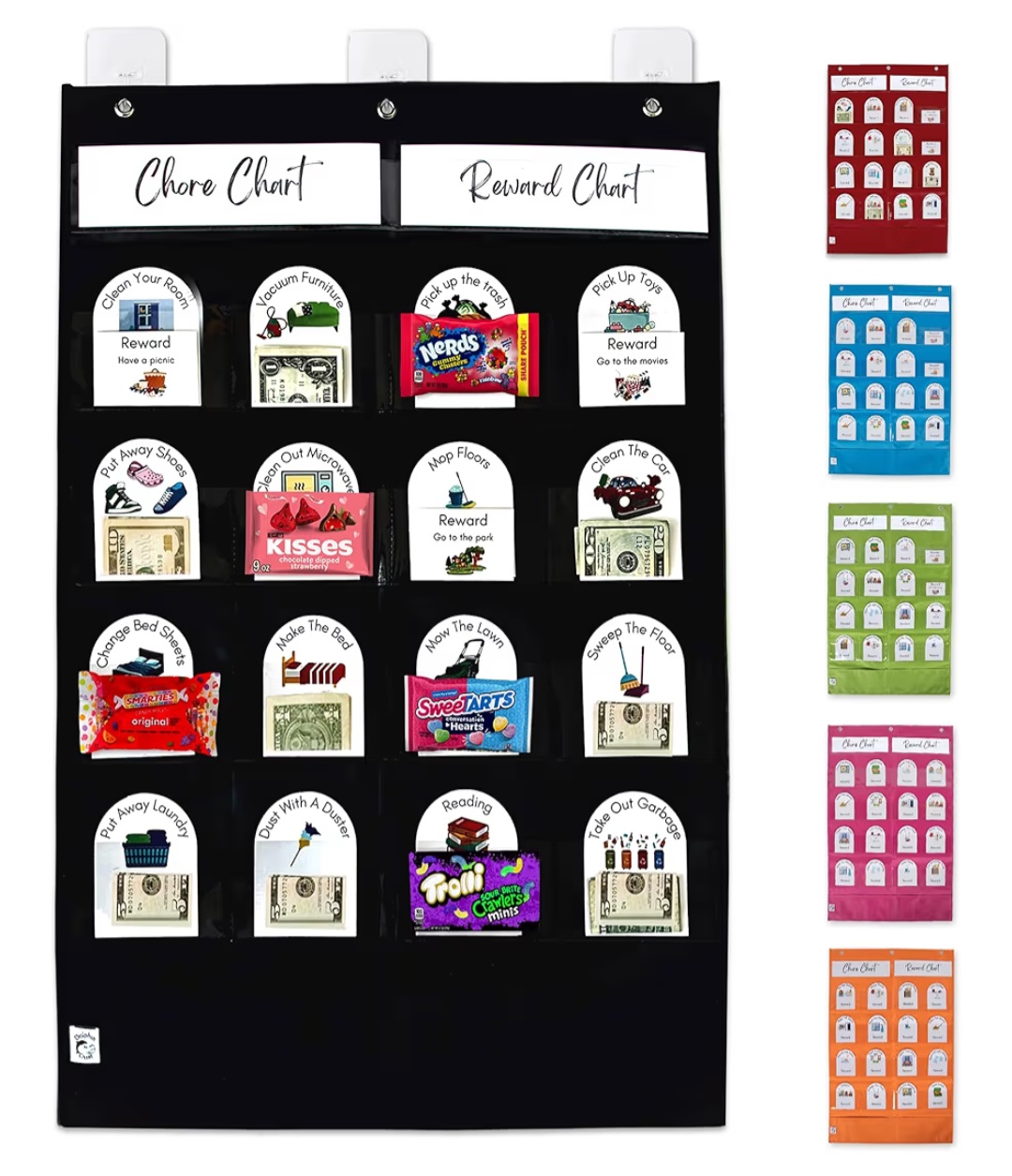 Dolphin N Otter chore chart shown in red, blue, green, pink, and orange color options