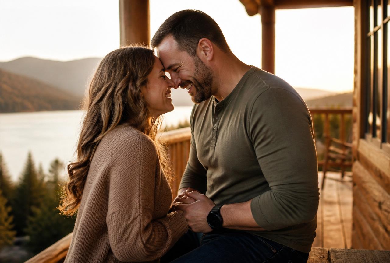 First responder couple laughing together on a mountain lodge porch at golden hour