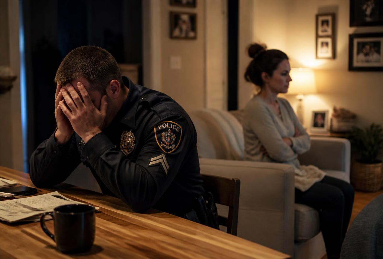 Exhausted first responder home from shift while his spouse sits distant across the room