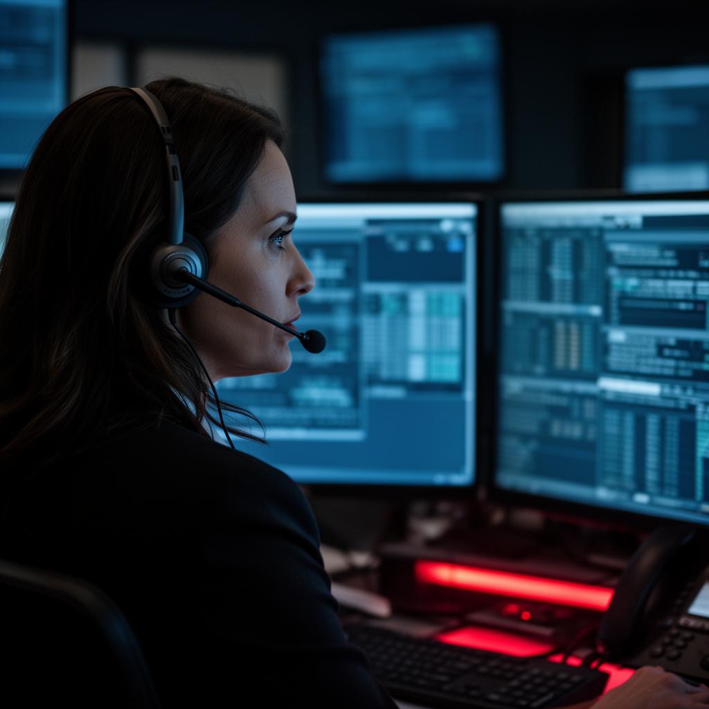 911 dispatcher at a console of monitors taking calls at night