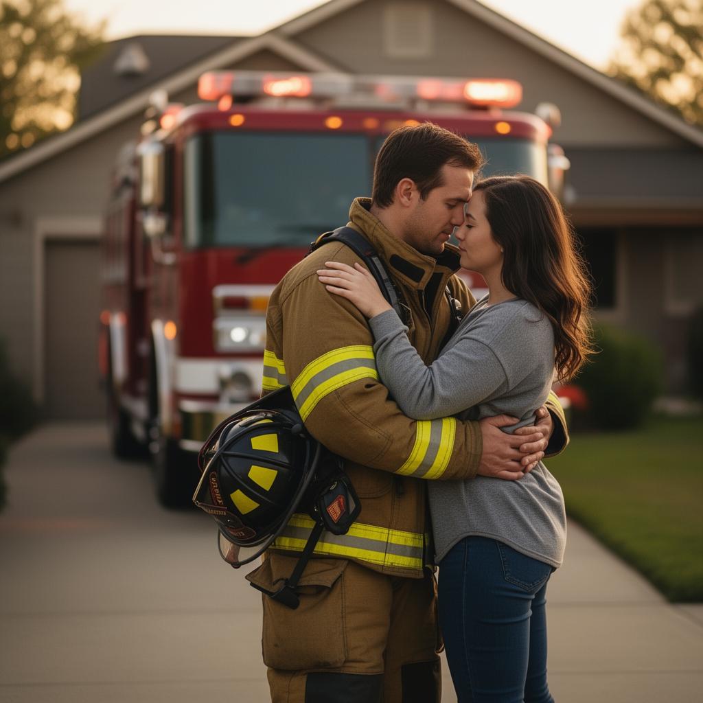 Firefighter in turnout gear embracing their spouse in front of a fire engine