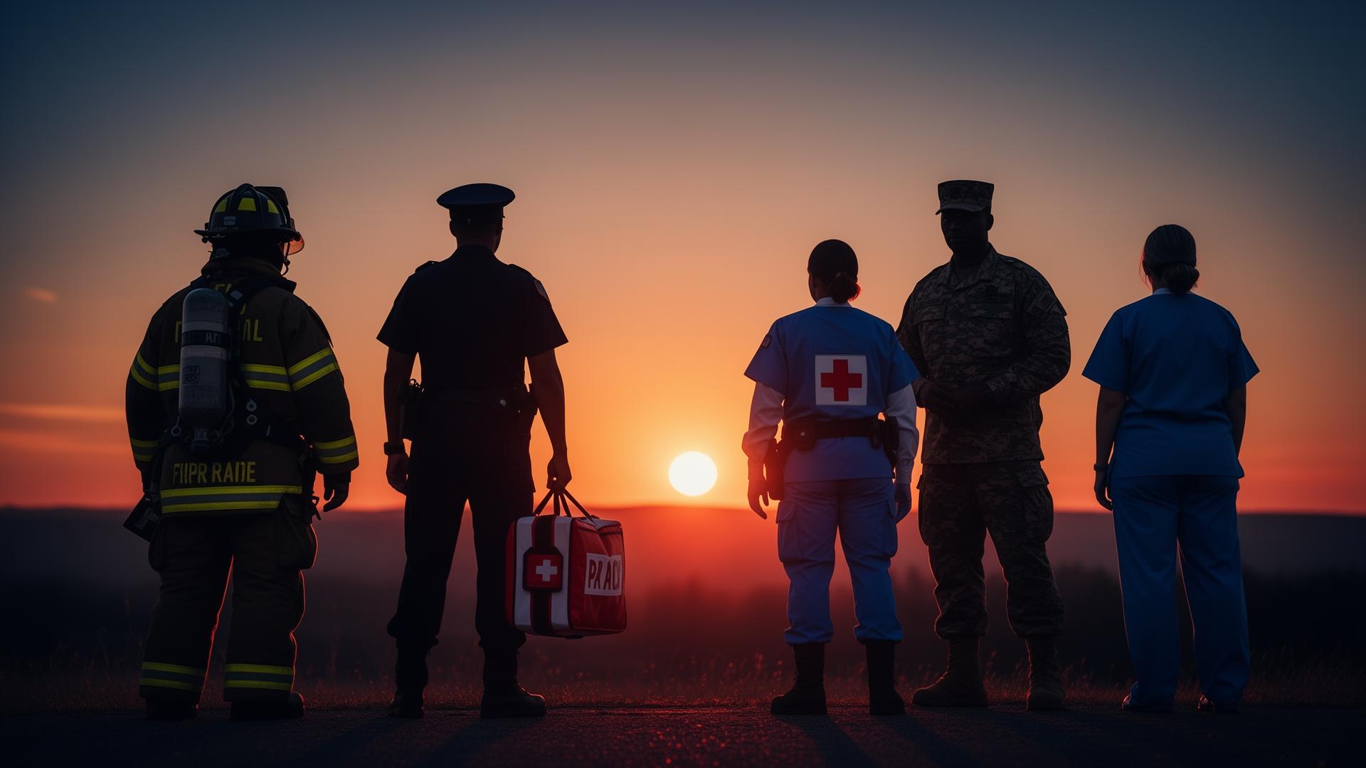 Firefighter, police officer, paramedic, military member, and healthcare worker silhouetted at sunrise