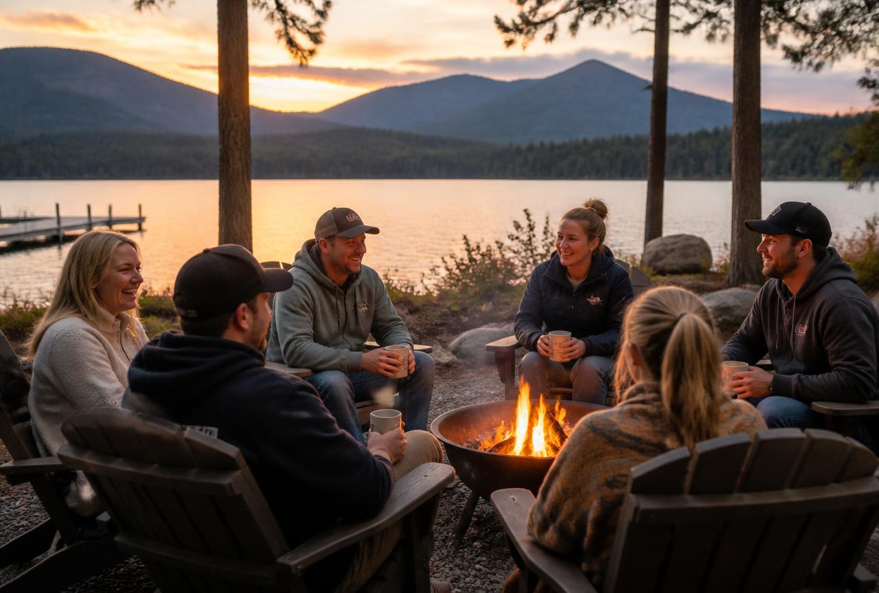 First responder couples gathered around a fire pit at the retreat