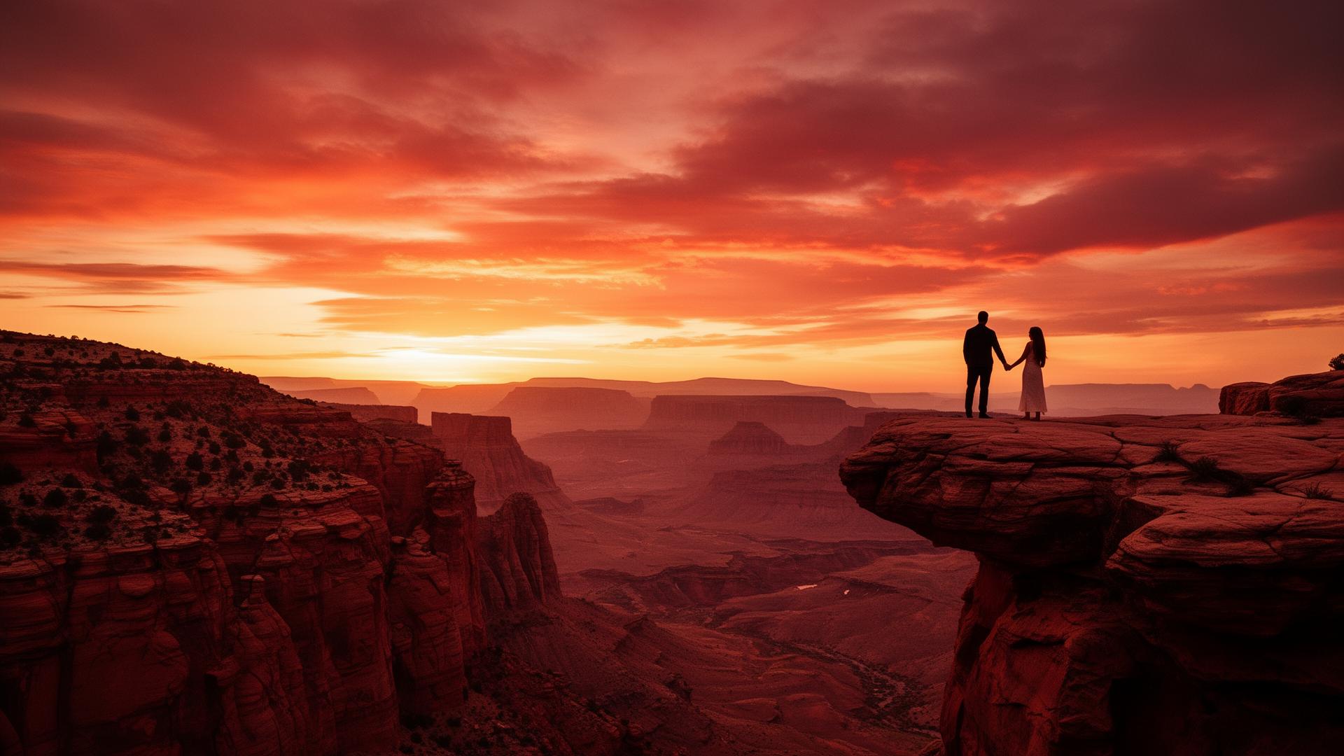 A couple standing together on a red rock overlook at sunset in St. George area, Utah